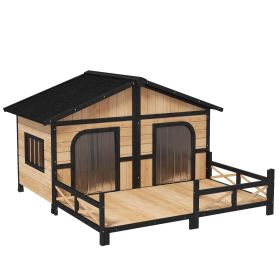59"x64"x39" Large Wooden Dog House Raised Weatherproof Rustic Log Cabin Style Elevated Pet Shelter Porch Deck, Natural
