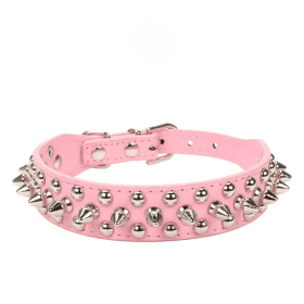 Spiked Studded Leather Dog Collar Rivets Pet Small Large Cat Pit Bull Adjustable (Color: Pink, size: L)